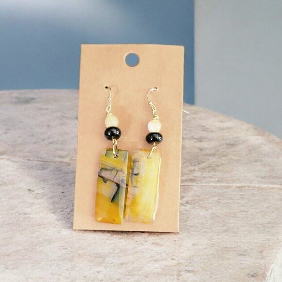 Evening, Elegant Yellow, Black Agate Citrine Earrings New - Hand Crafted - Picture 2 of 2